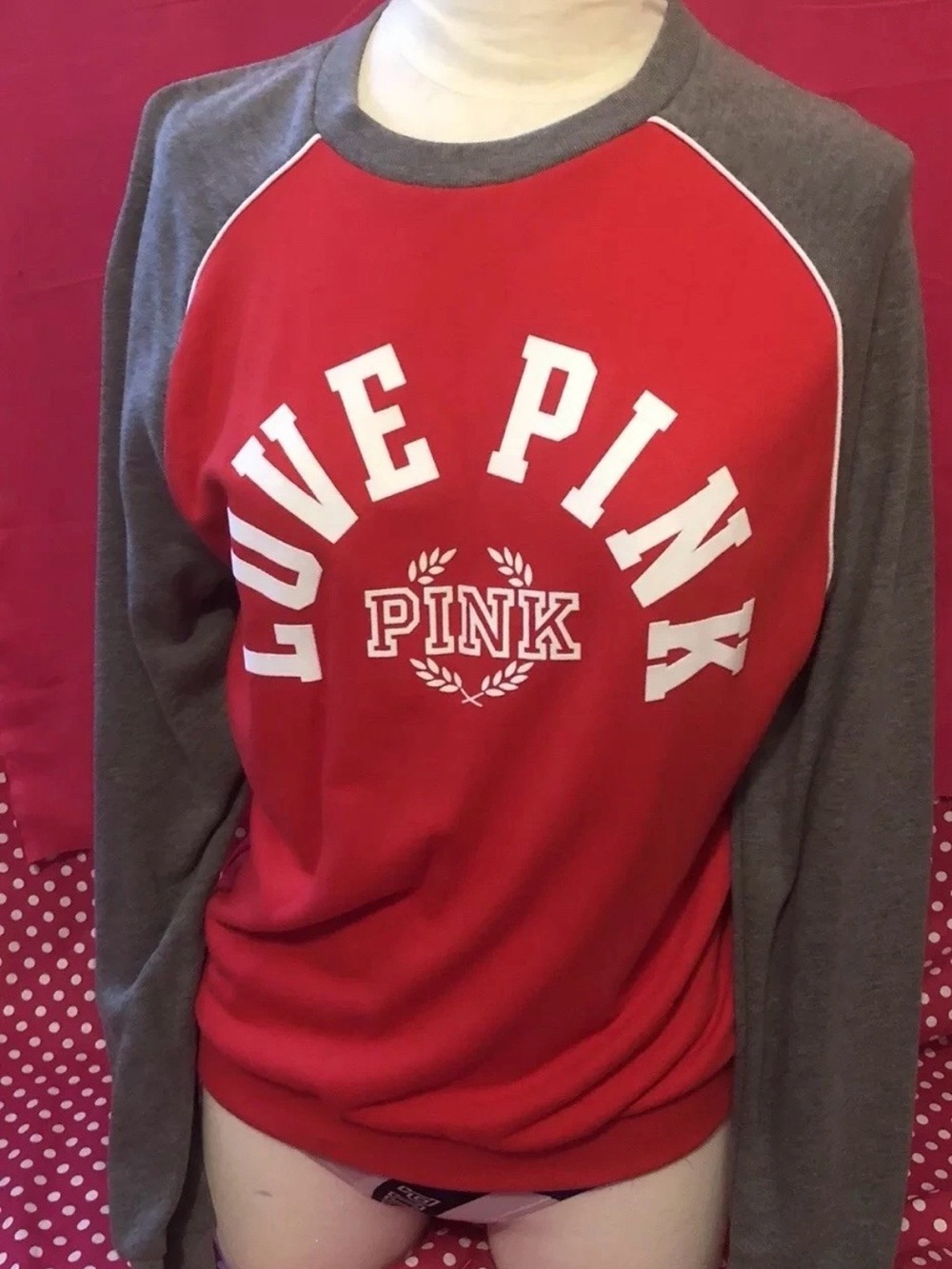 PINK Victoria's Secret Red & Gray Raglan Crew Sweatshirt